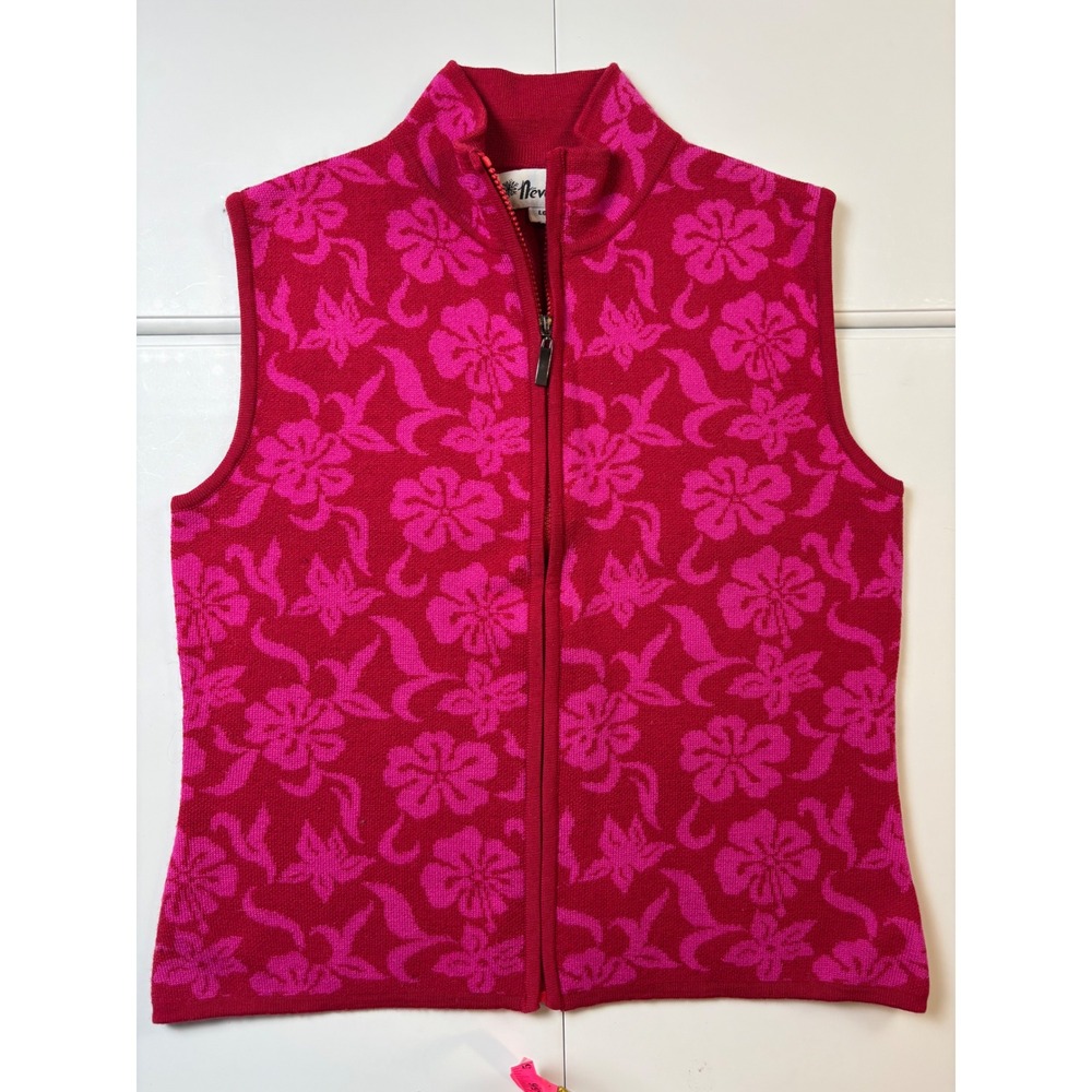 Neve Designs Sweater Vest Women Large Pink Floral 100% Wool Nordic Apres Ski Y2K